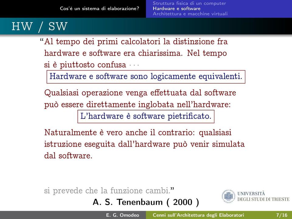 Qualsiasi operazione venga effettuata dal software può essere direttamente inglobata nell hardware: L hardware è software pietrificato.