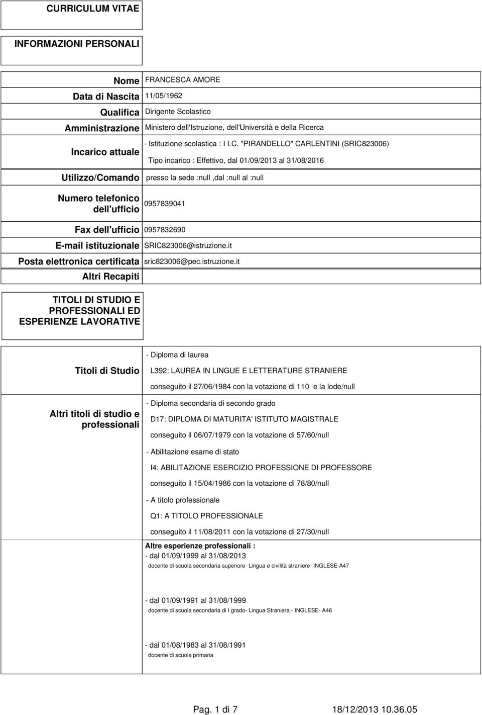 "PIRANDELLO" CARLENTINI (SRIC823006) Tipo incarico : Effettivo, dal 01/09/2013 al 31/08/2016 Utilizzo/Comando presso la sede :null,dal :null al :null Numero telefonico dell'ufficio 0957839041 Fax