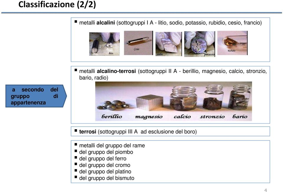 calcio, stronzio, bario, radio) terrosi (sottogruppi III A ad esclusione del boro) metalli del gruppo del
