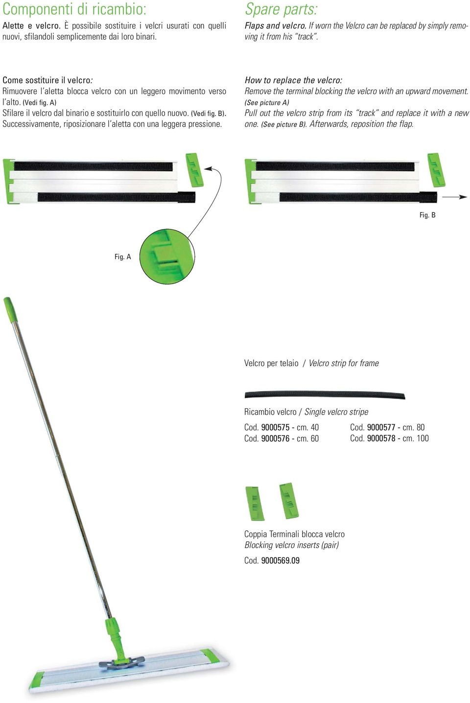 A) Sfilare il velcro dal binario e sostituirlo con quello nuovo. (Vedi fig. B). Successivamente, riposizionare l aletta con una leggera pressione.