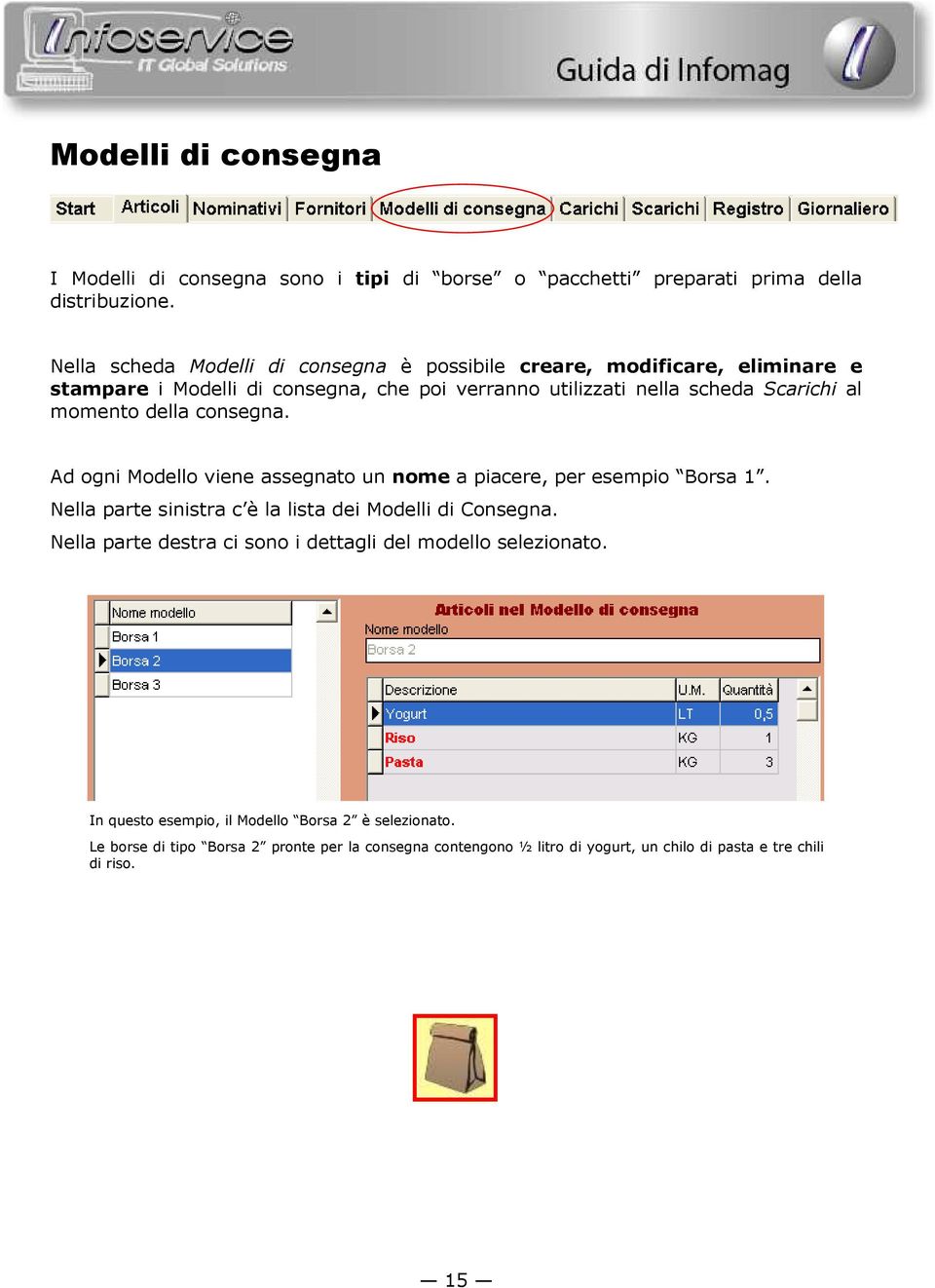 momento della consegna. Ad ogni Modello viene assegnato un nome a piacere, per esempio Borsa 1. Nella parte sinistra c è la lista dei Modelli di Consegna.