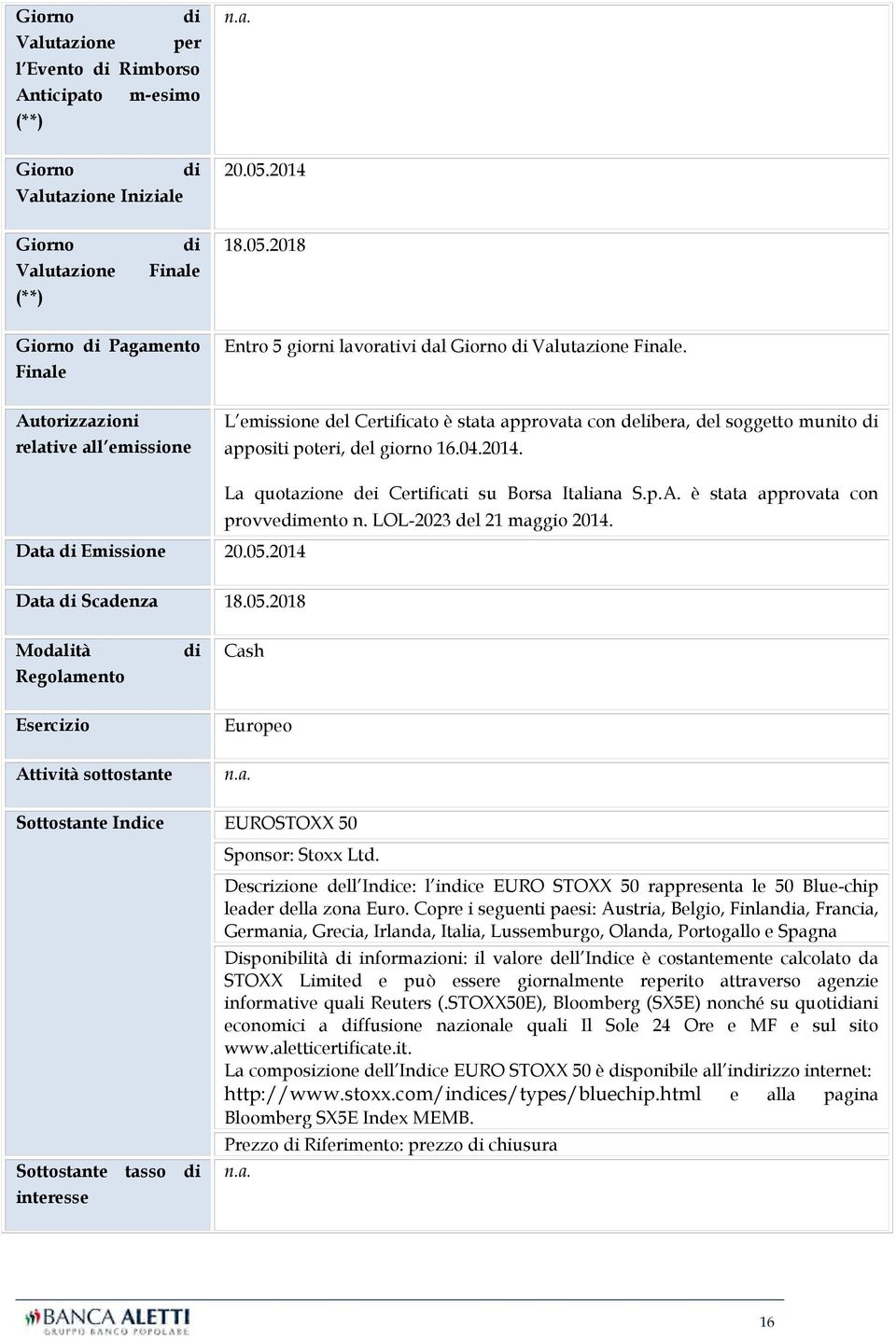 2014 La quotazione dei Certificati su Borsa Italiana S.p.A. è stata approvata con provvedimento n. LOL-2023 del 21 maggio 2014. Data di Scadenza 18.05.