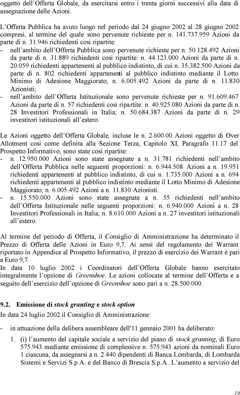 946 richiedenti così ripartite: - nell ambito dell Offerta Pubblica sono pervenute richieste per n. 50.128.492 Azioni da parte di n. 31.889 richiedenti così ripartite: n. 44.123.