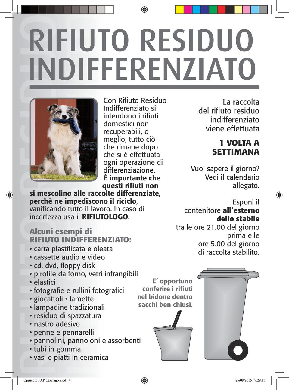 Alcuni esempi di rifiuto INDIFFERENZIATO: carta plastificata e oleata cassette audio e video cd, dvd, floppy disk pirofile da forno, vetri infrangibili elastici fotografie e rullini fotografici