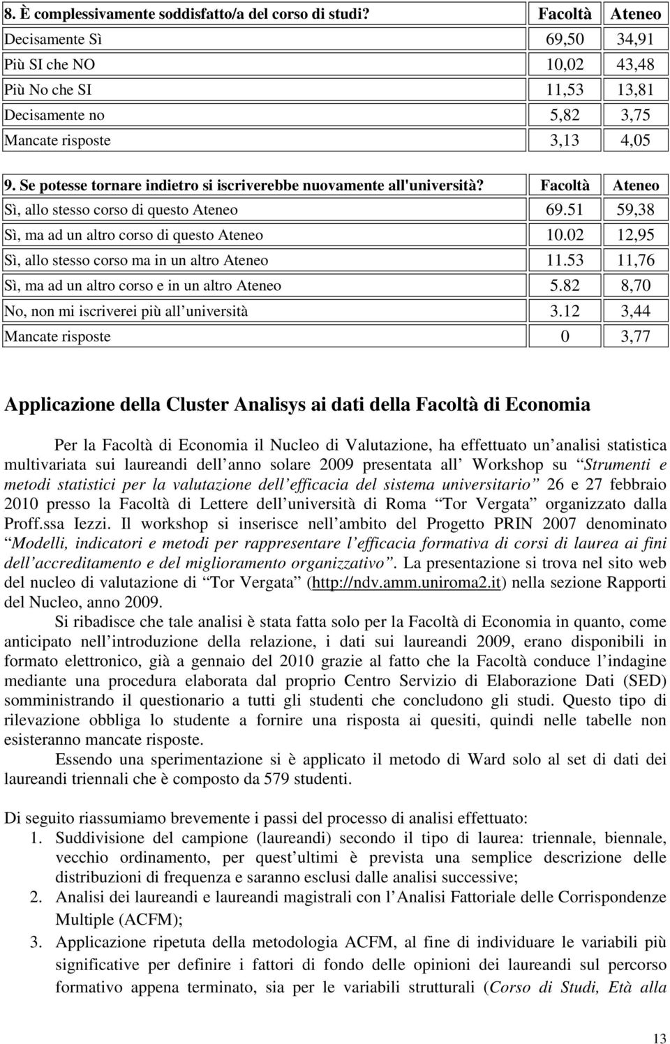 Se potesse tornare indietro si iscriverebbe nuovamente all'università? Facoltà Ateneo Sì, allo stesso corso di questo Ateneo 69.51 59,38 Sì, ma ad un altro corso di questo Ateneo 10.