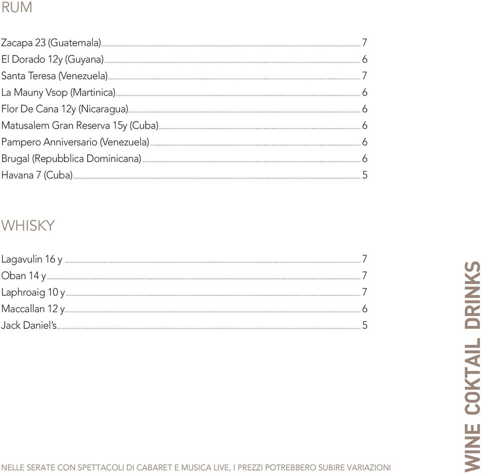 .. 6 Brugal (Repubblica Dominicana)... 6 Havana 7 (Cuba)... 5 Lagavulin 16 y... 7 Oban 14 y... 7 Laphroaig 10 y.