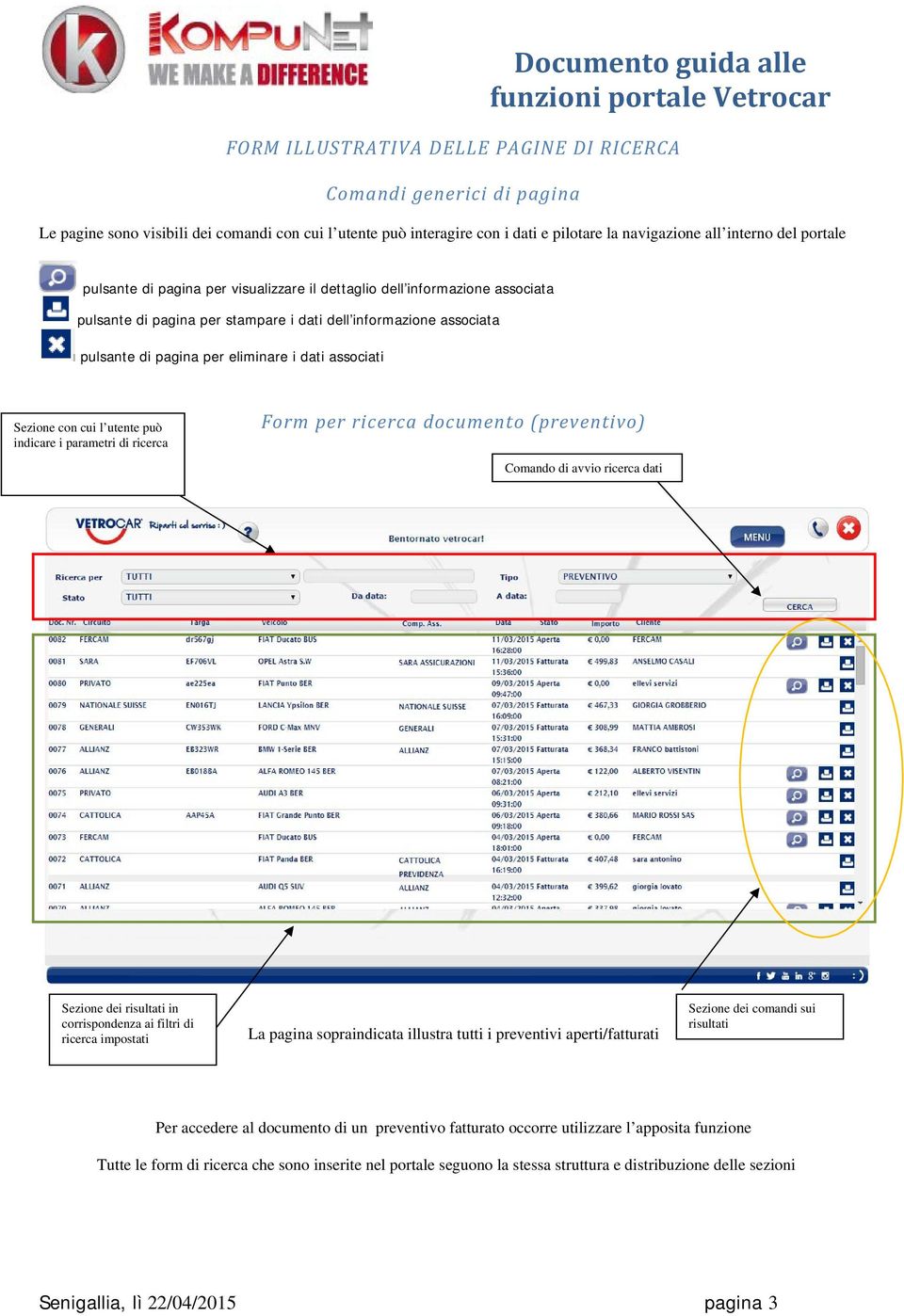 Sezione con cui l utente può indicare i parametri di ricerca Form per ricerca documento (preventivo) Comando di avvio ricerca dati Sezione dei risultati in corrispondenza ai filtri di ricerca