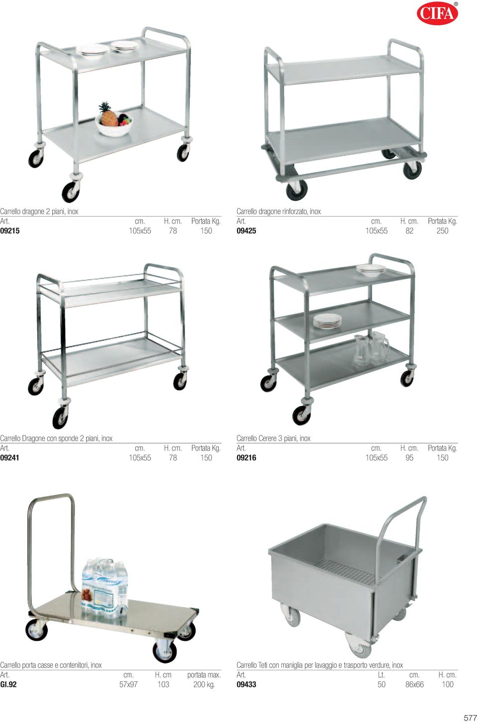 09216 105x55 95 150 Carrello porta casse e contenitori, inox portata max. GI.92 57x97 103 200 kg.