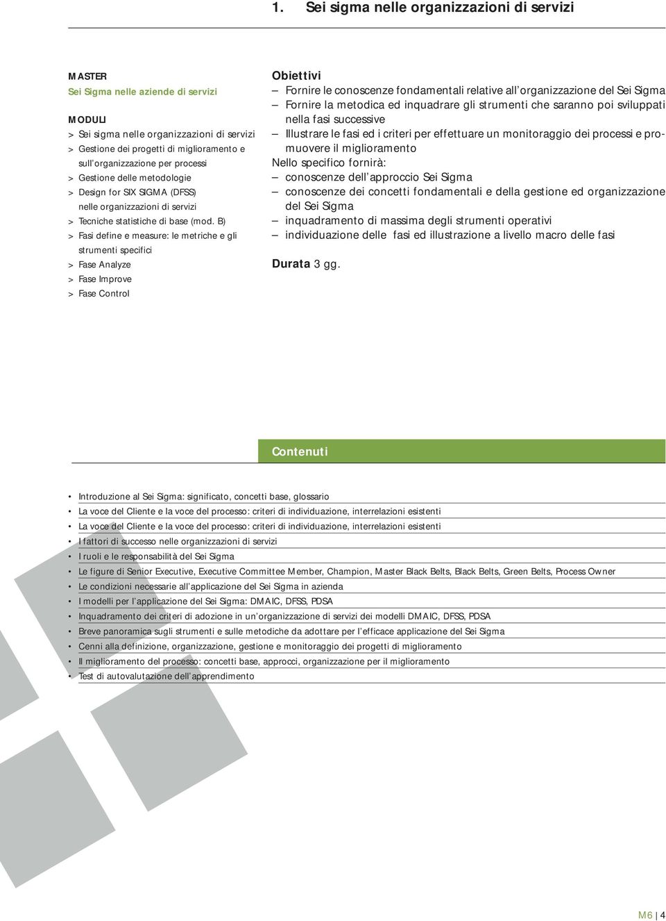 fondamentali e della gestione ed organizzazione del Sei Sigma inquadramento di massima degli strumenti operativi individuazione delle fasi ed illustrazione a livello macro delle fasi Introduzione al