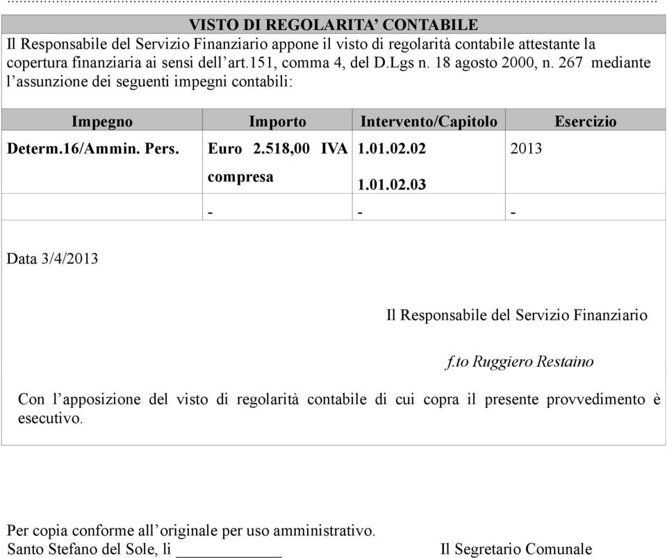 Euro 2.518,00 IVA compresa 1.01.02.02 1.01.02.03 - - - 2013 Data 3/4/2013 Il Responsabile del Servizio Finanziario f.