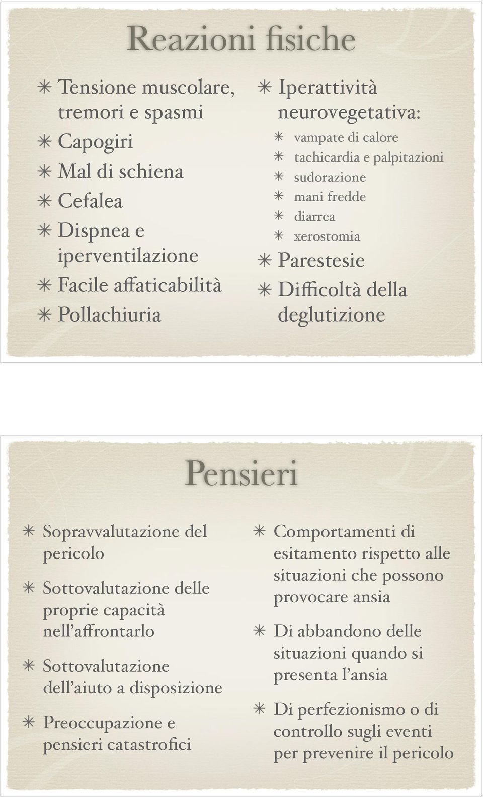 coltà della deglutizione Pensieri Sopravvalutazione del pericolo Sottovalutazione delle proprie capacità nell a"rontarlo Sottovalutazione dell aiuto a disposizione