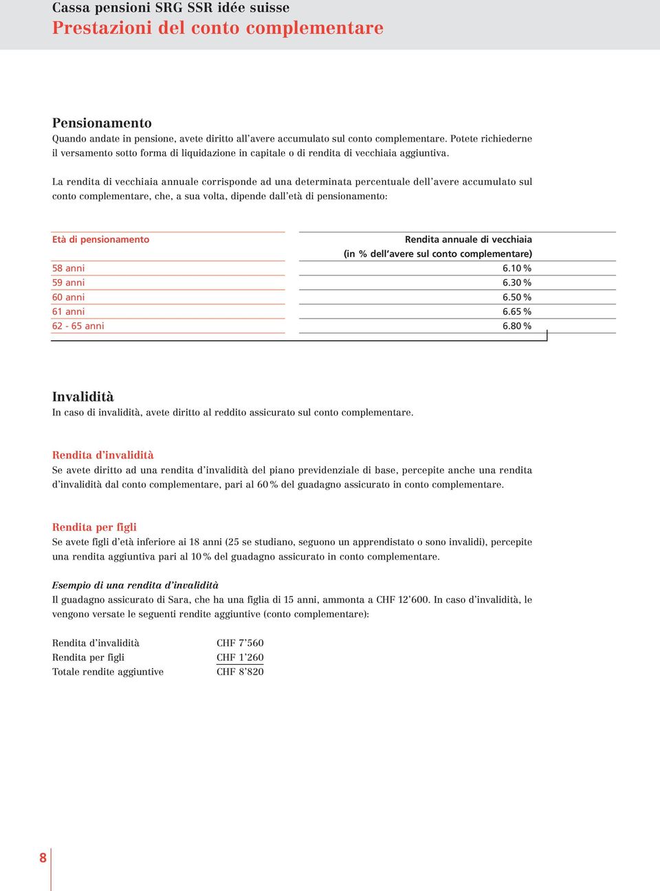 La rendita di vecchiaia annuale corrisponde ad una determinata percentuale dell avere accumulato sul conto complementare, che, a sua volta, dipende dall età di pensionamento: Età di pensionamento 58