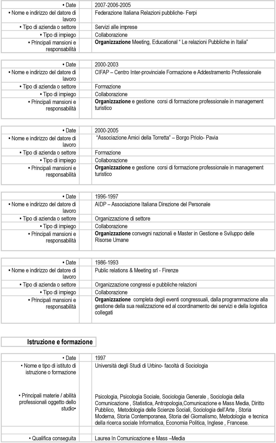 turistico Date 2000-2005 Nome e indirizzo del datore di Associazione Amici della Torretta Borgo Priolo- Pavia Formazione Organizzazione e gestione corsi di formazione professionale in management