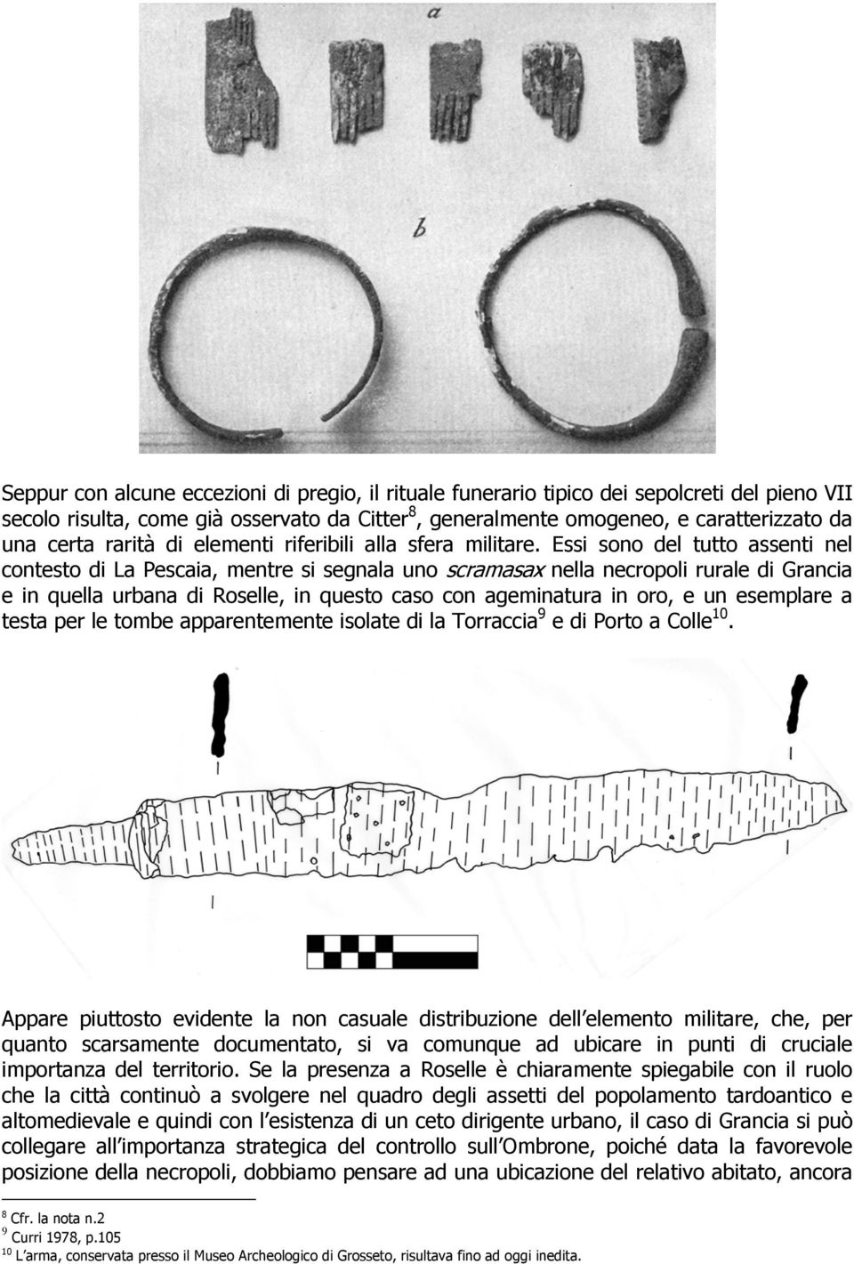 Essi sono del tutto assenti nel contesto di La Pescaia, mentre si segnala uno scramasax nella necropoli rurale di Grancia e in quella urbana di Roselle, in questo caso con ageminatura in oro, e un