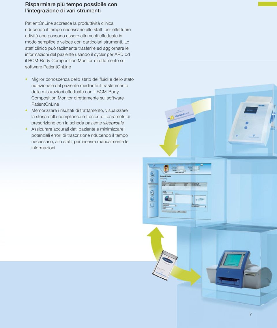 Lo staff clinico può facilmente trasferire ed aggiornare le informazioni del paziente usando il cycler per APD od il BCM-Body Composition Monitor direttamente sul software PatientOnLine Miglior