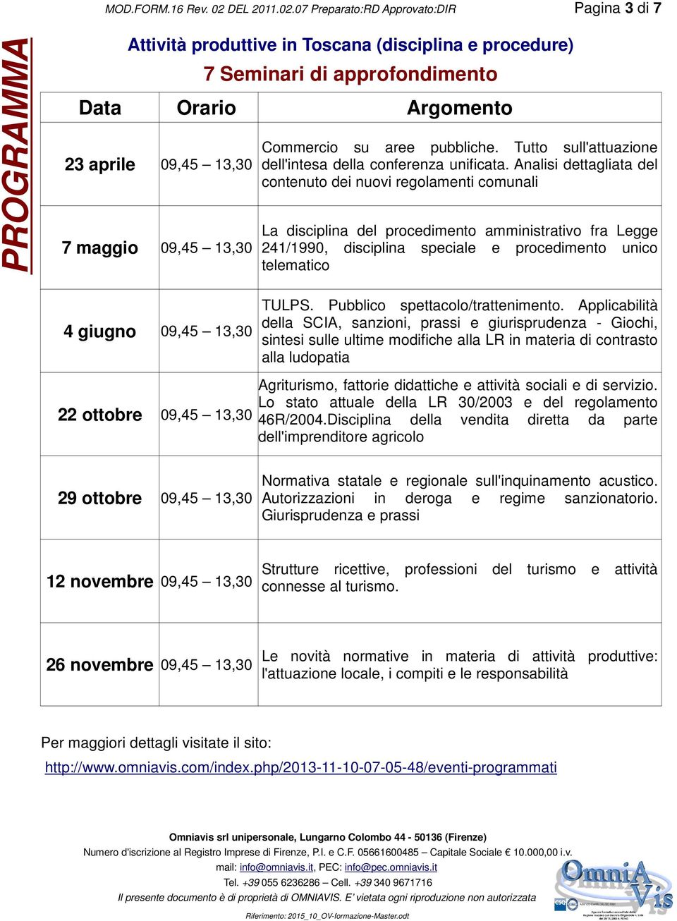 07 Preparato:RD Approvato:DIR Pagina 3 di 7 PROGRAMMA Attività produttive in Toscana (disciplina e procedure) 7 Seminari di approfondimento Data Orario Argomento 23 aprile 09,45 13,30 7 maggio 09,45