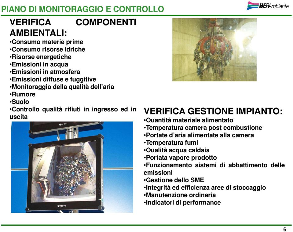 IMPIANTO: Quantità materiale alimentato Temperatura camera post combustione Portate d aria alimentate alla camera Temperatura fumi Qualità acqua caldaia Portata