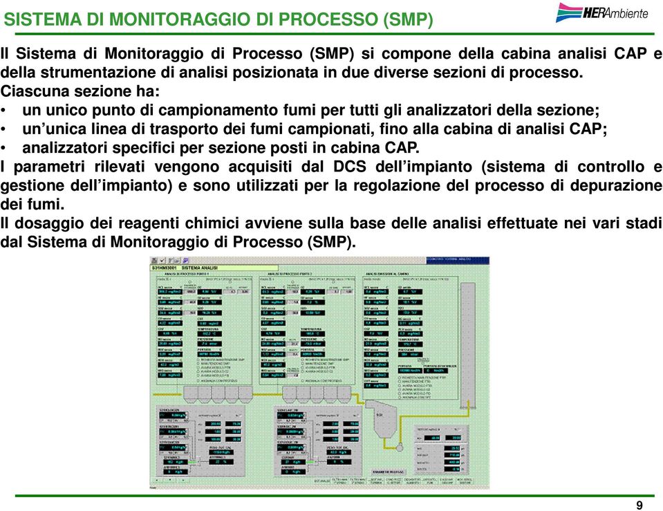 Ciascuna sezione ha: un unico punto di campionamento fumi per tutti gli analizzatori della sezione; un unica linea di trasporto dei fumi campionati, fino alla cabina di analisi CAP;