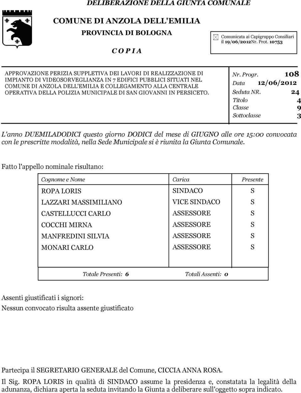 OPERATIVA DELLA POLIZIA MUNICIPALE DI SAN GIOVANNI IN PERSICETO. Nr. Progr. Data 12/06/2012 Seduta NR.