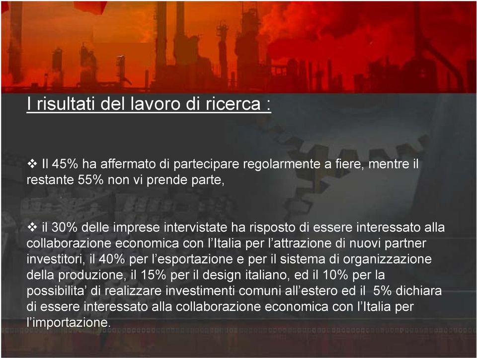 investitori, il 40% per l esportazione e per il sistema di organizzazione della produzione, il 15% per il design italiano, ed il 10% per la