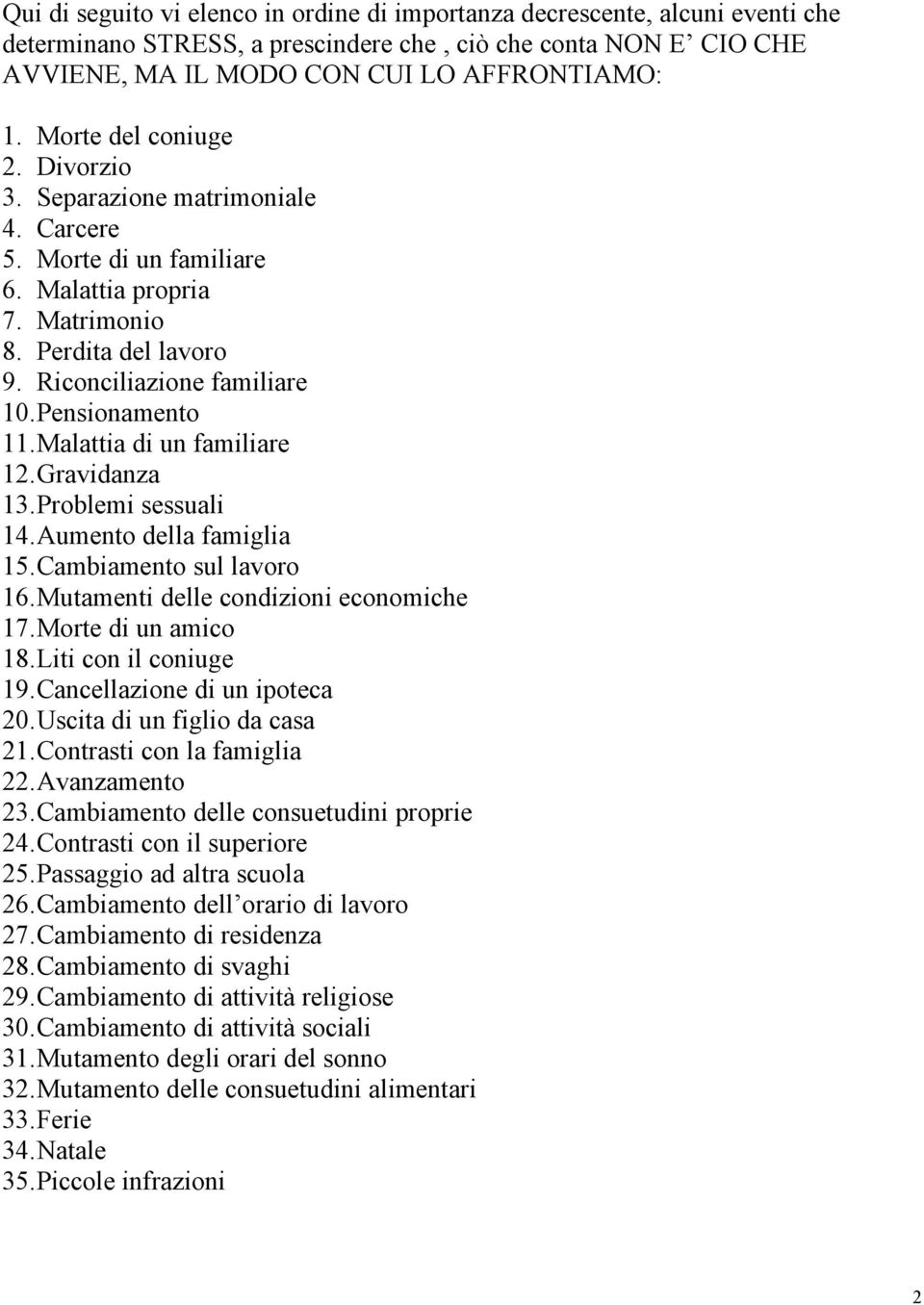 Malattia di un familiare 12.Gravidanza 13.Problemi sessuali 14.Aumento della famiglia 15.Cambiamento sul lavoro 16.Mutamenti delle condizioni economiche 17.Morte di un amico 18.Liti con il coniuge 19.