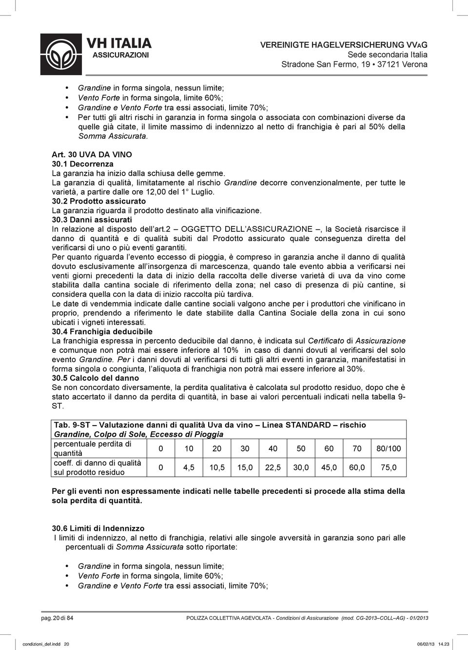 La garanzia di qualità, limitatamente al rischio Grandine decorre convenzionalmente, per tutte le varietà, a partire dalle ore 12,00 del 1 Luglio. 30.