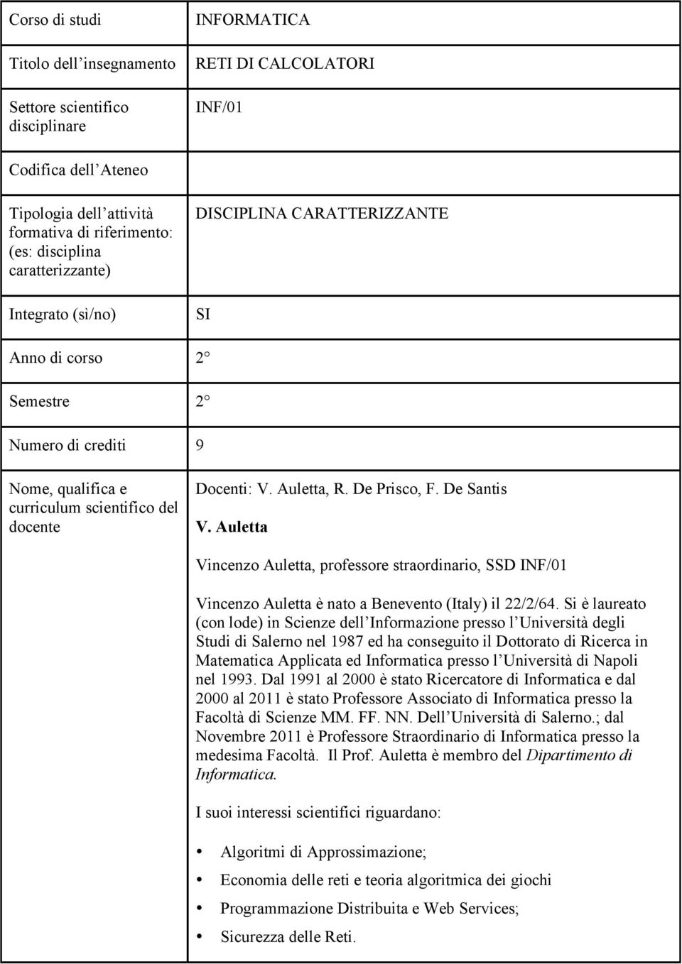 De Prisco, F. De Santis V. Auletta Vincenzo Auletta, professore straordinario, SSD INF/01 Vincenzo Auletta è nato a Benevento (Italy) il 22/2/64.