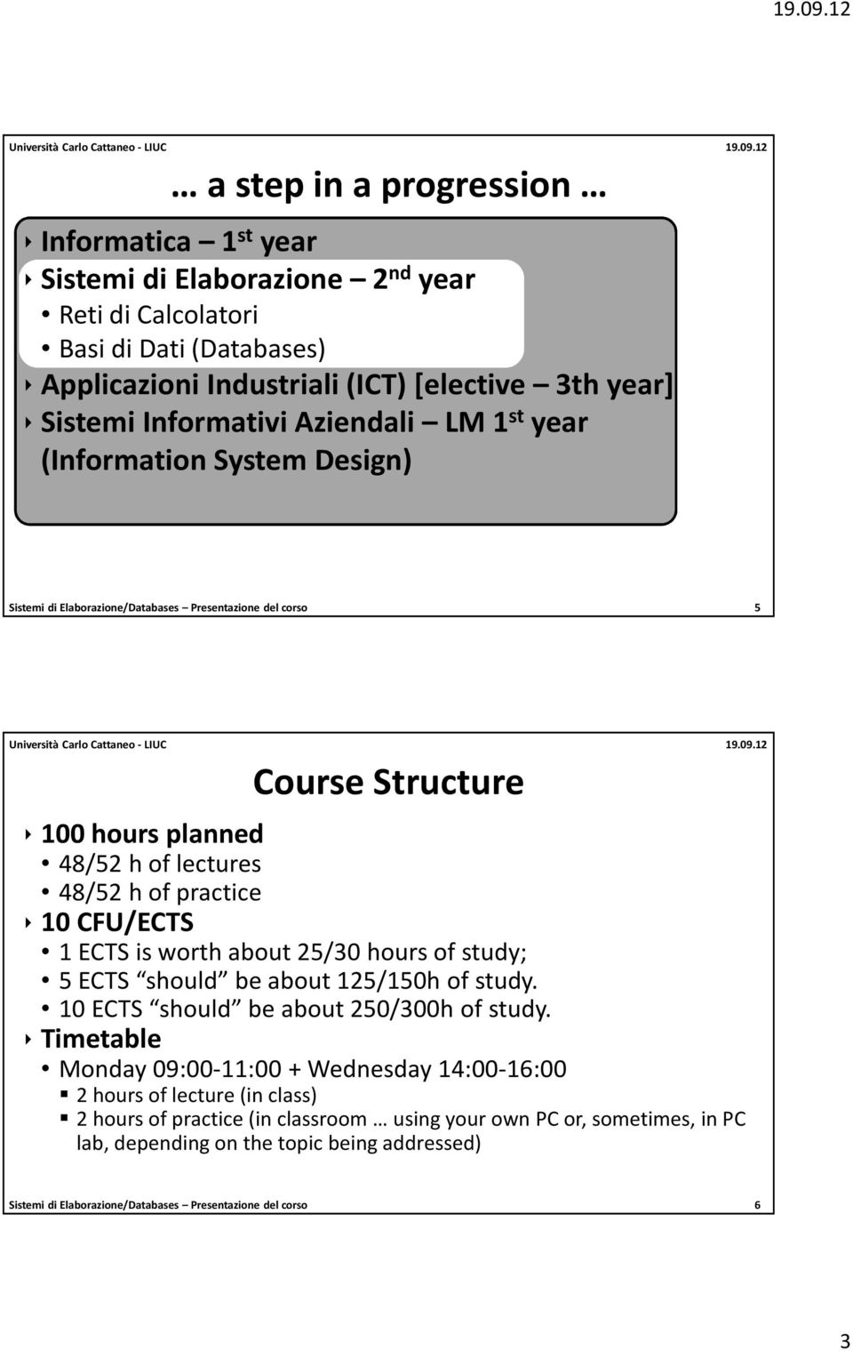 CFU/ECTS 1 ECTS is worth about 25/30 hours of study; 5 ECTS should beabout125/150h ofstudy. 10 ECTS should beabout250/300h ofstudy.