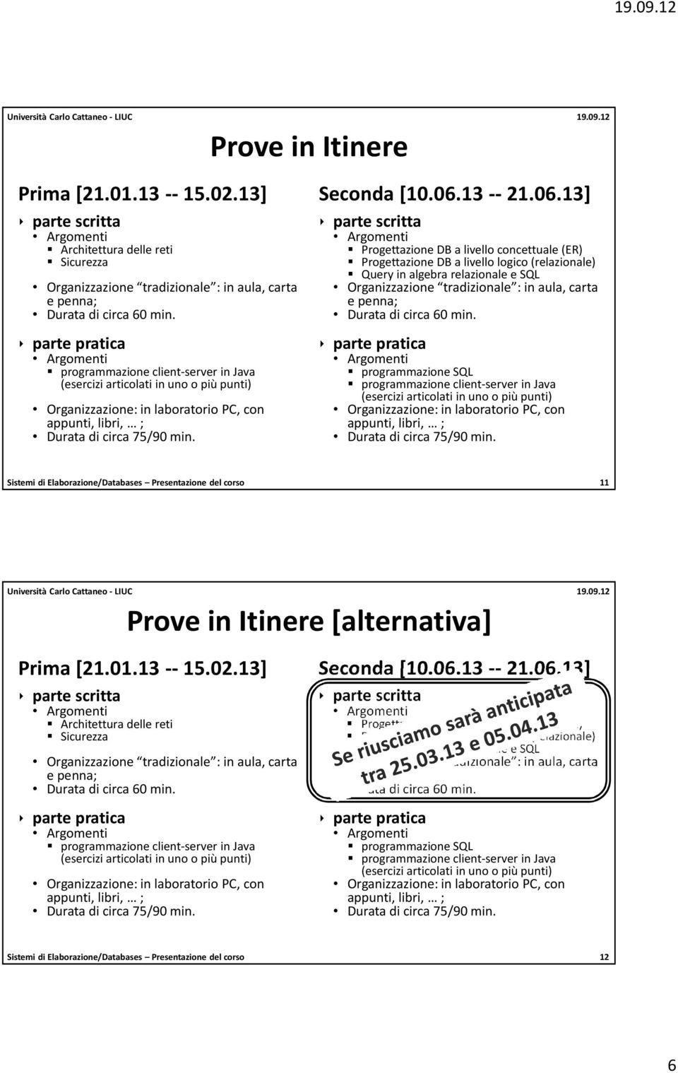 13] Progettazione DB a livello concettuale (ER) Progettazione DB a livello logico (relazionale) Queryin algebra relazionale e SQL programmazione SQL Sistemi di