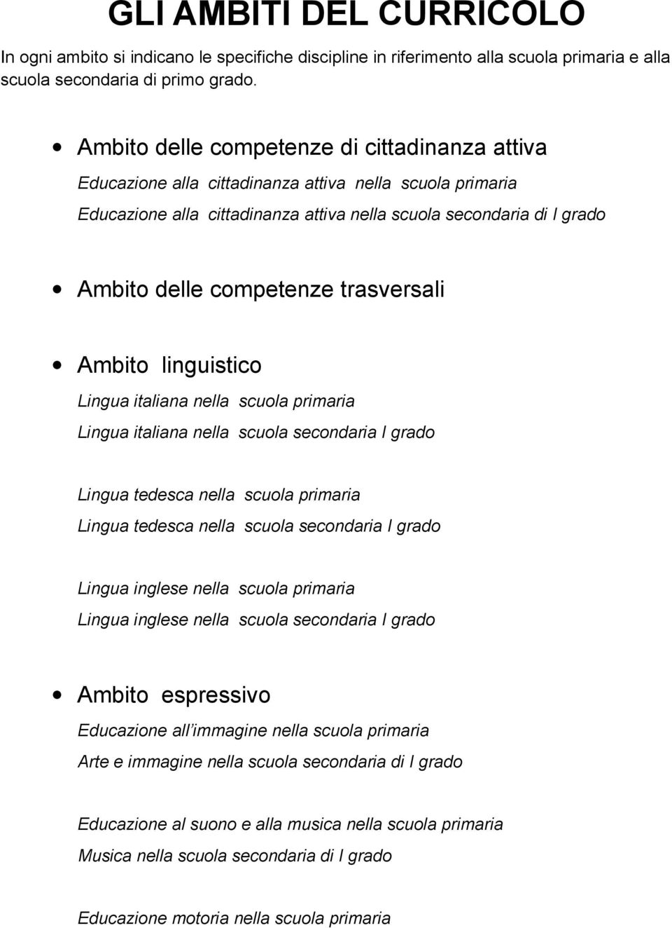 trasversali Ambit linguistic Lingua italiana nella scula primaria Lingua italiana nella scula secndaria I grad Lingua tedesca nella scula primaria Lingua tedesca nella scula secndaria I grad Lingua