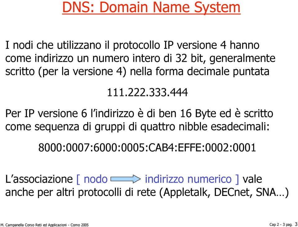 444 Per IP versione 6 l indirizzo è di ben 16 Byte ed è scritto come sequenza di gruppi di quattro nibble esadecimali: