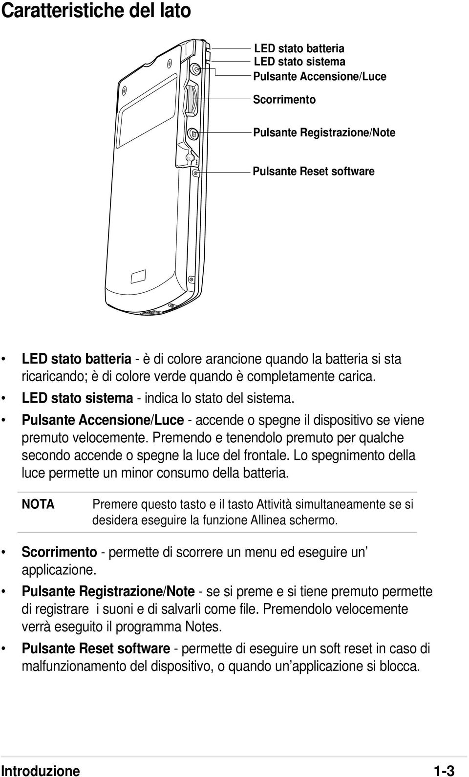 Pulsante Accensione/Luce - accende o spegne il dispositivo se viene premuto velocemente. Premendo e tenendolo premuto per qualche secondo accende o spegne la luce del frontale.