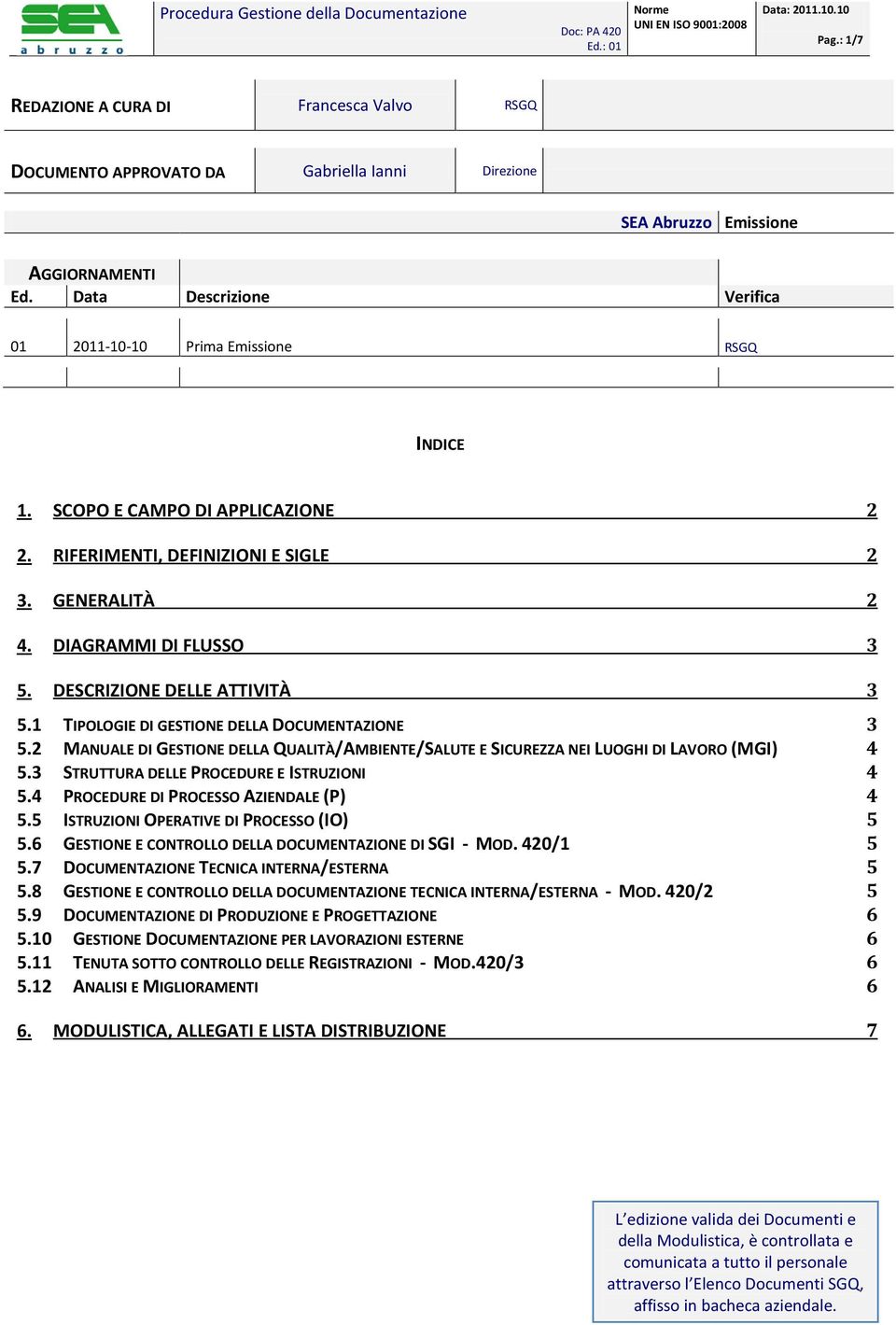 DESCRIZIONE DELLE ATTIVITÀ 3 5.1 TIPOLOGIE DI GESTIONE DELLA DOCUMENTAZIONE 3 5.2 MANUALE DI GESTIONE DELLA QUALITÀ/AMBIENTE/SALUTE E SICUREZZA NEI LUOGHI DI LAVORO (MGI) 4 5.