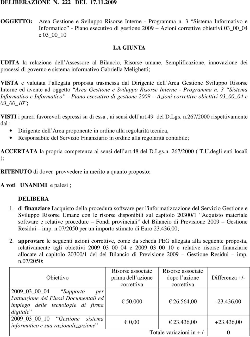 Semplificazione, innovazione dei processi di governo e sistema informativo Gabriella Melighetti; VISTA e valutata l allegata proposta trasmessa dal Dirigente dell Area Gestione Sviluppo Risorse