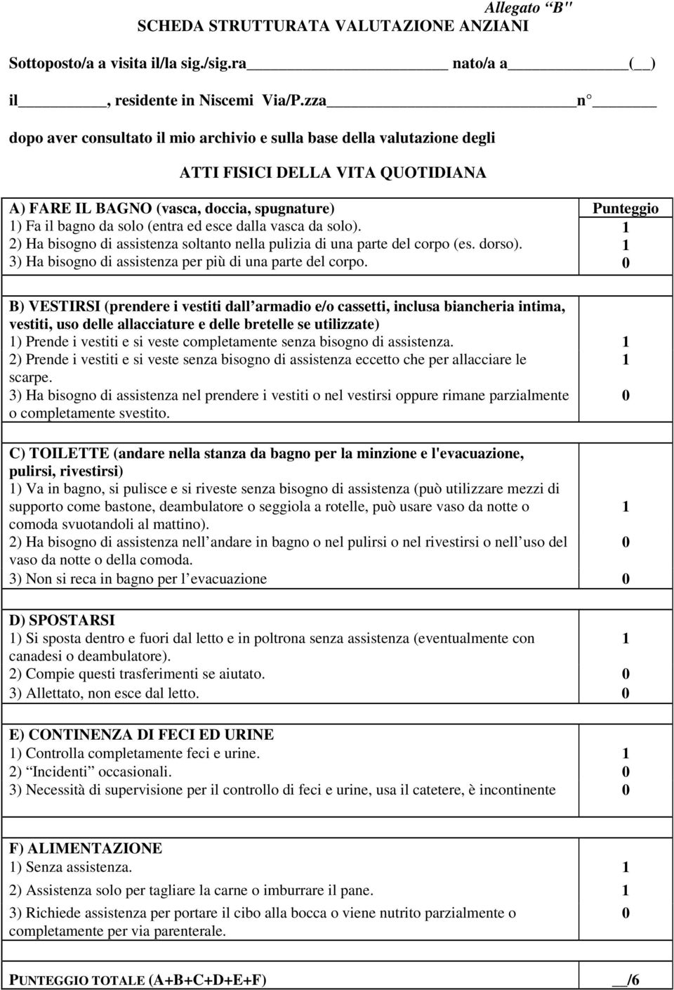 dalla vasca da solo). 2) Ha bisogno di assistenza soltanto nella pulizia di una parte del corpo (es. dorso). 3) Ha bisogno di assistenza per più di una parte del corpo.