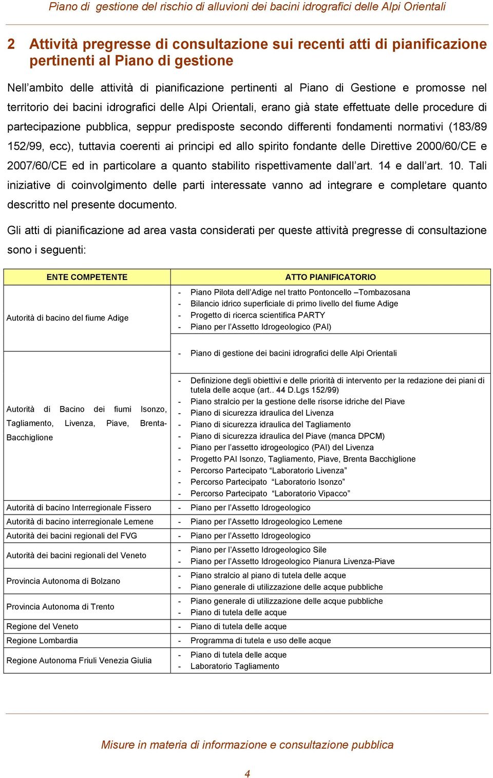 152/99, ecc), tuttavia coerenti ai principi ed allo spirito fondante delle Direttive 2000/60/CE e 2007/60/CE ed in particolare a quanto stabilito rispettivamente dall art. 14 e dall art. 10.