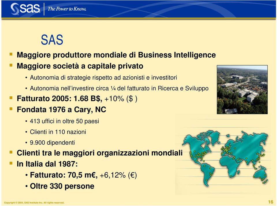 68 B$, +10% ($ ) Fondata 1976 a Cary, NC 413 uffici in oltre 50 paesi Clienti in 110 nazioni 9.