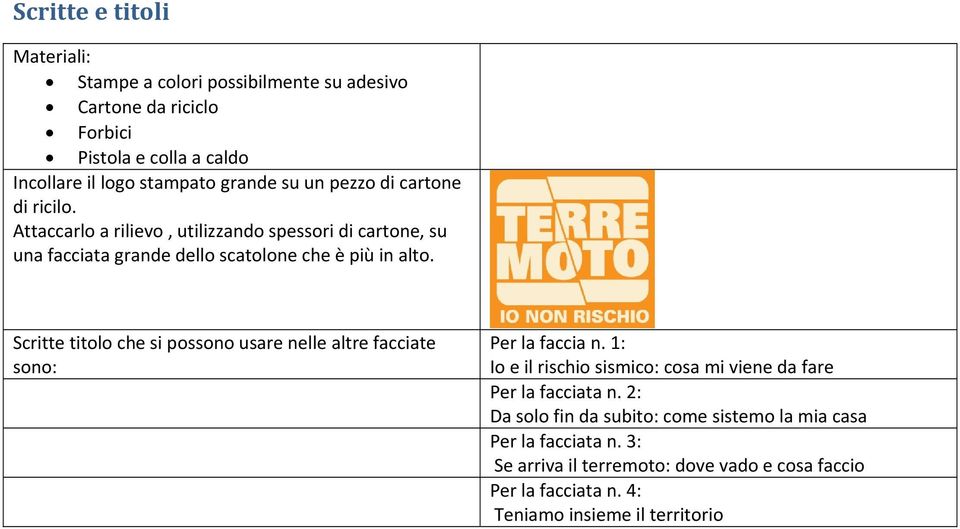 Scritte titolo che si possono usare nelle altre facciate sono: Per la faccia n. 1: Io e il rischio sismico: cosa mi viene da fare Per la facciata n.