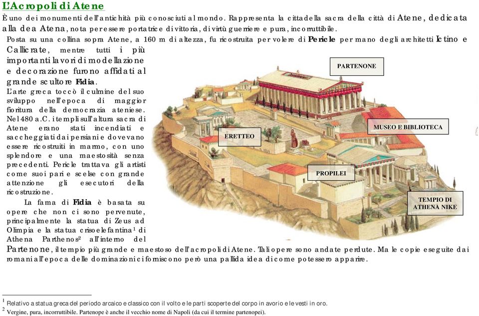 Posta su una collina sopra Atene, a 160 m di altezza, fu ricostruita per volere di Pericle per mano degli architetti Ictino e Callicrate, mentre tutti i più importanti lavori di modellazione e