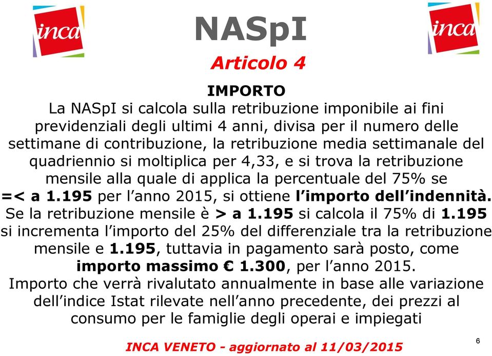 Se la retribuzione mensile è > a 1.195 si calcola il 75% di 1.195 si incrementa l importo del 25% del differenziale tra la retribuzione mensile e 1.