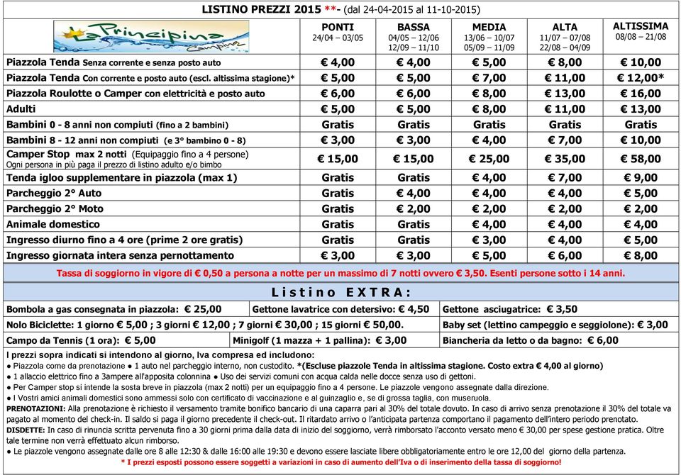 altissima stagione)* 5,00 5,00 7,00 11,00 12,00* Piazzola Roulotte o Camper con elettricità e posto auto 6,00 6,00 8,00 13,00 16,00 Adulti 5,00 5,00 8,00 11,00 13,00 Bambini 0-8 anni non compiuti