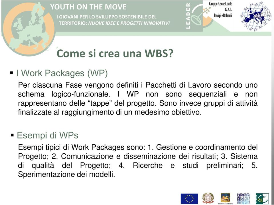 I WP non sono sequenziali e non rappresentano delle tappe del progetto.