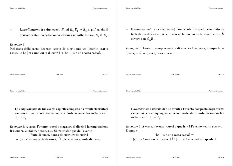 Il complementare (o negazione) d'un evento E è quello composto da tutti gli eventi elementari che non ne fanno parte. Lo s indica con ovvero con.
