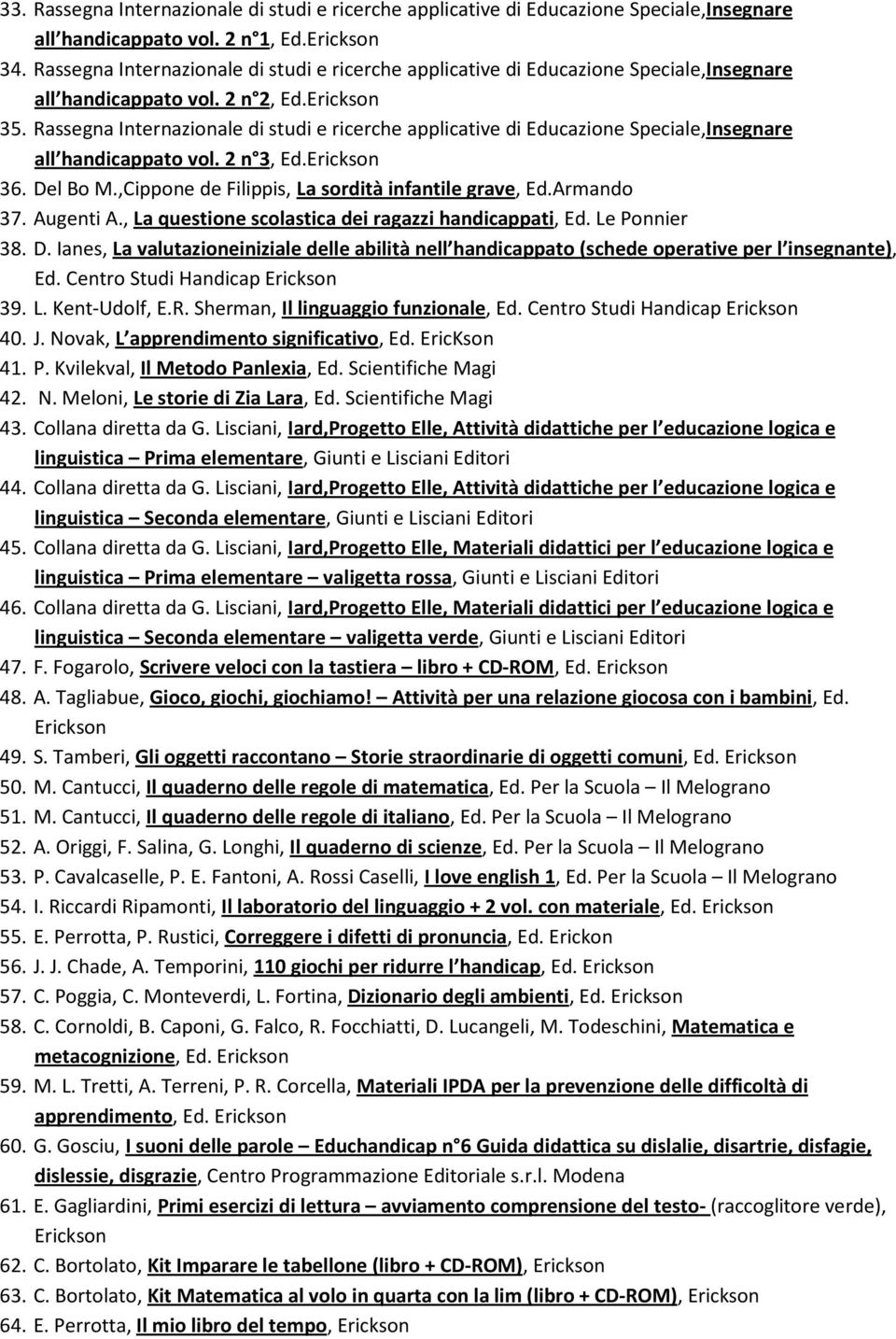 Rassegna Internazionale di studi e ricerche applicative di Educazione Speciale,Insegnare all handicappato vol. 2 n 3, 36. Del Bo M.,Cippone de Filippis, La sordità infantile grave, Ed.Armando 37.