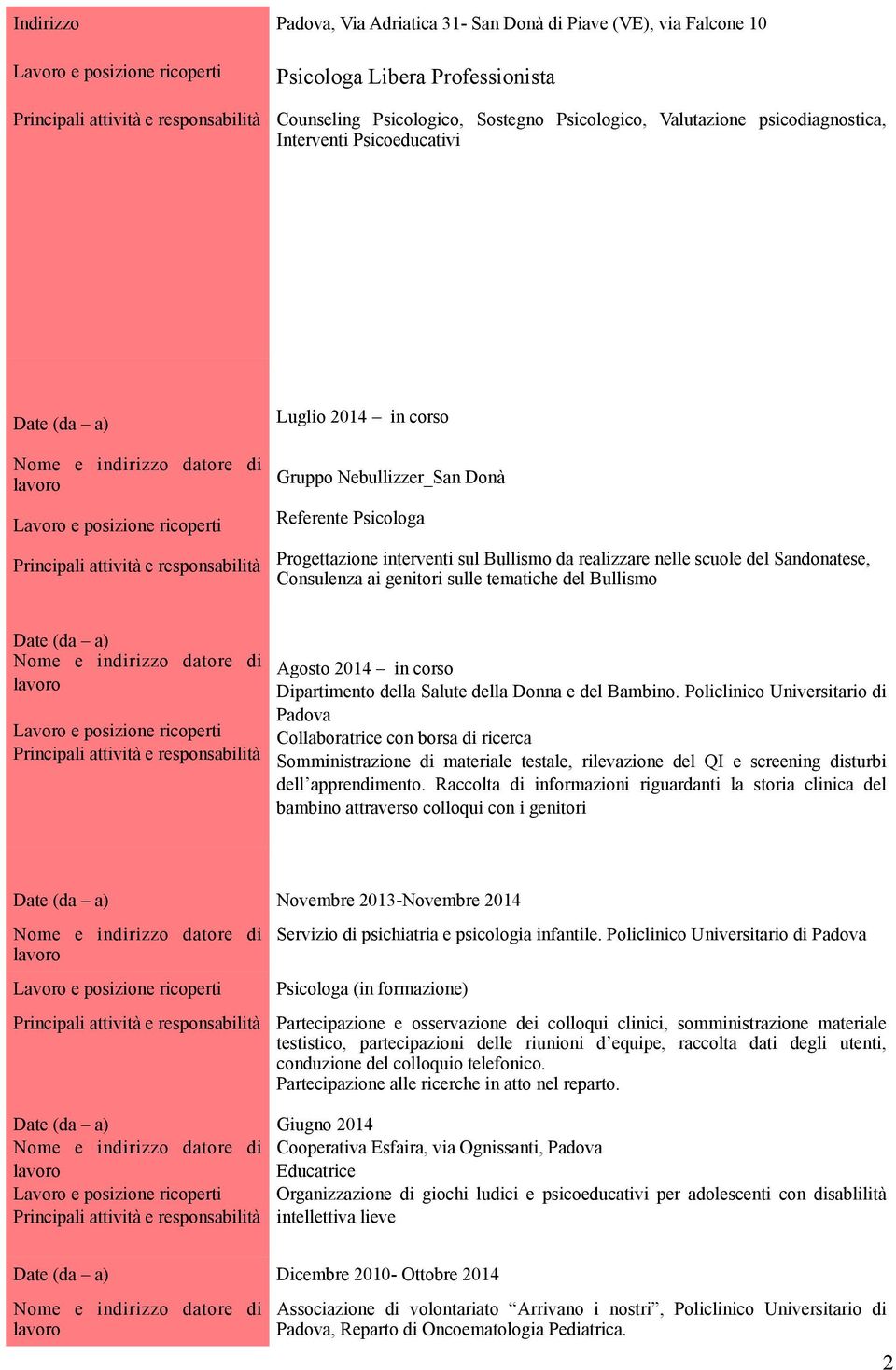 genitori sulle tematiche del Bullismo Date (da a) Agosto 2014 in corso Dipartimento della Salute della Donna e del Bambino.