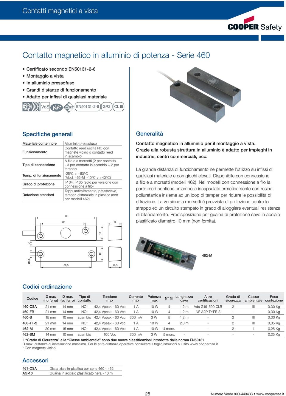 di funzionamento Grado di protezione Dotazione standard Alluminio pressofuso Contatto reed uscita NC con magnete vicino o reed in scambio A filo o a morsetti (2 per - 3 per in scambio + 2 per tamper)