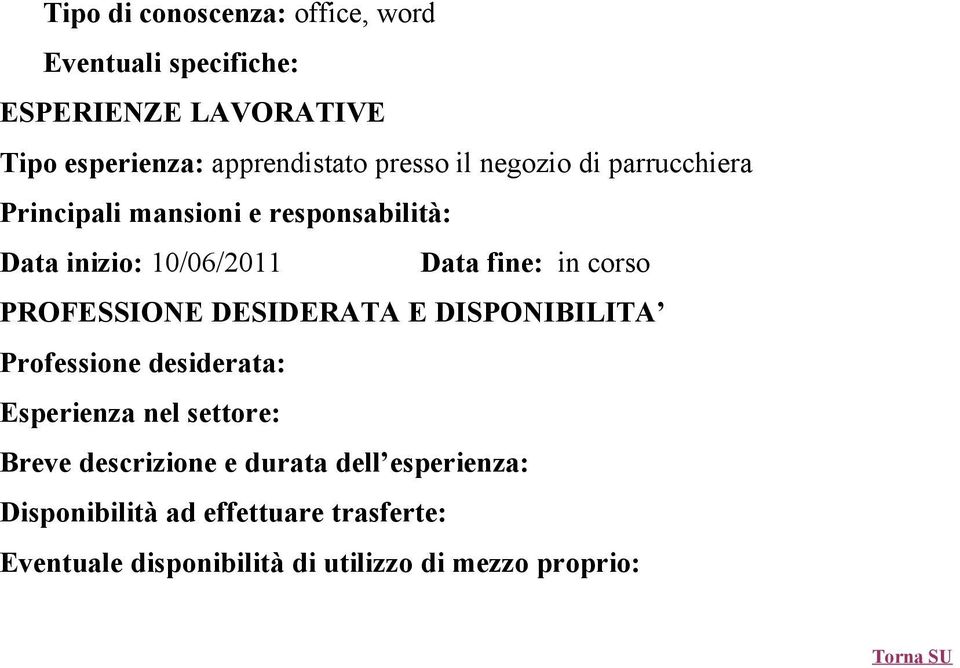 corso PROFESSIONE DESIDERATA E DISPONIBILITA Professione desiderata: Esperienza nel settore: Breve descrizione e