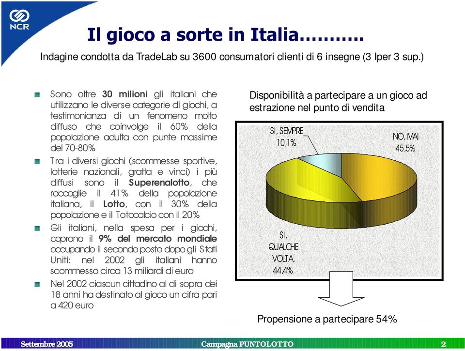 70-80% Tra i diversi giochi (scommesse sportive, lotterie nazionali, gratta e vinci) i più diffusi sono il Superenalotto, che raccoglie il 41% della popolazione italiana, il Lotto, con il 30% della