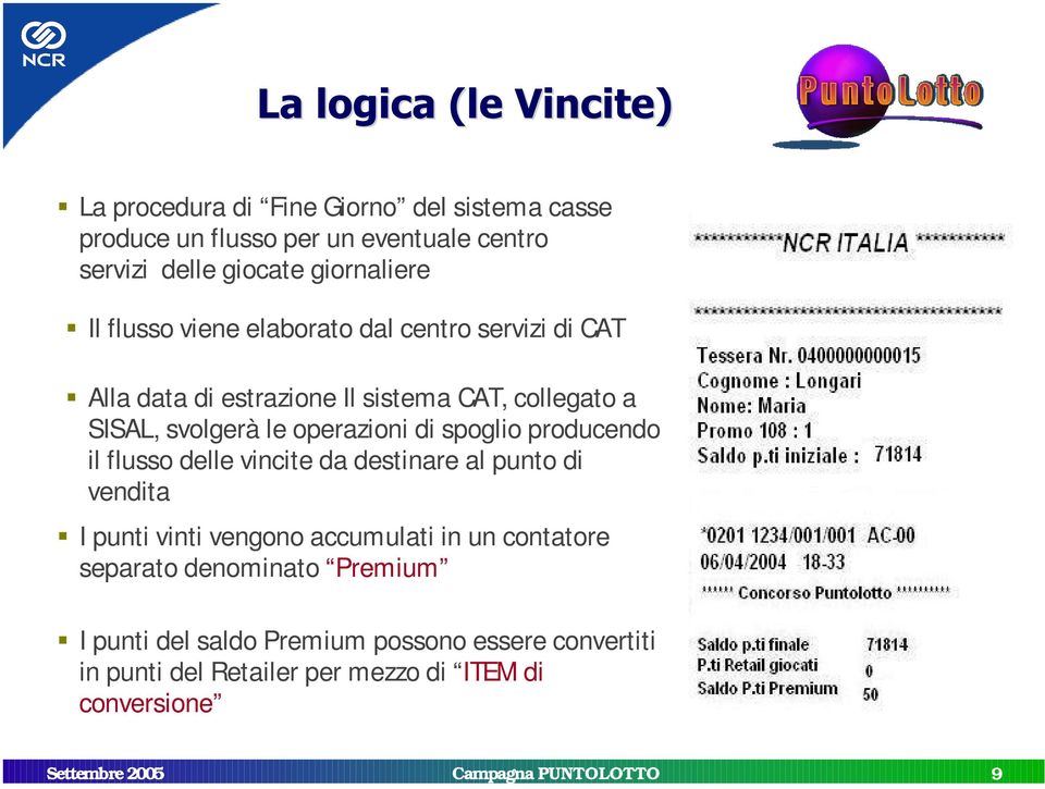 spoglio producendo il flusso delle vincite da destinare al punto di vendita ƒ I punti vinti vengono accumulati in un contatore separato