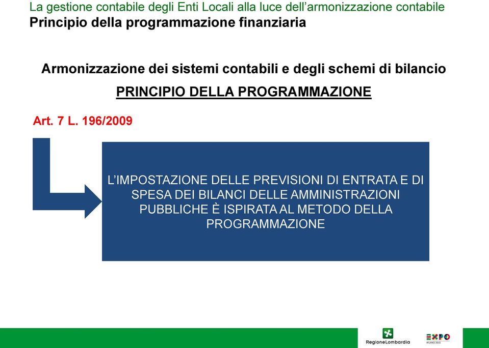 196/2009 PRINCIPIO DELLA PROGRAMMAZIONE L IMPOSTAZIONE DELLE PREVISIONI